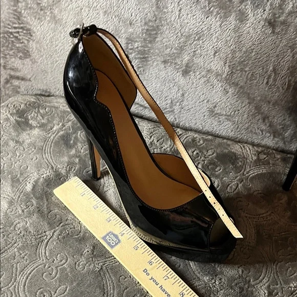 Black Patent Peep-Toe Platform 6 inch Heels with Rhinestone Ankle Strap - Picture 14 of 16